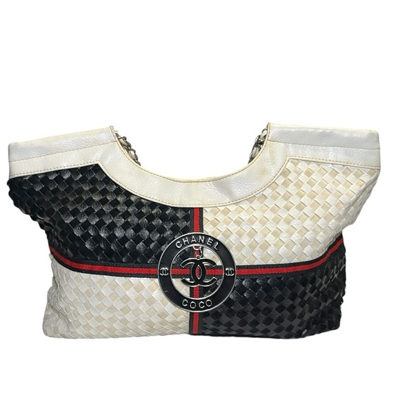 Vintage CHANEL Off White/ Black & Red Woven Shoulder Bag - Picture 1 of 15